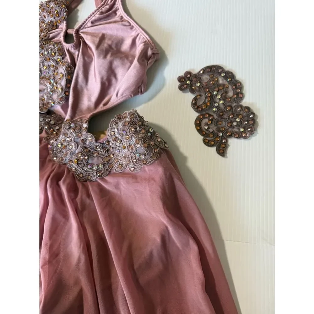 Pink custom solo Dance costume embellished asymmetrical Leotard dress SA adult